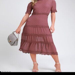 NWT LULUS Dreaming of You Mauve Purple Swiss Dot Midi Dress SIZE M